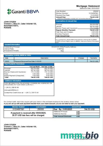 Rumunia Garanti BBVA wyciąg z kredytu hipotecznego w formatach Word i PDF